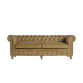 Vintage stílusú, fenyőfa szerkezetű, barna színű bőrrel kárpitozott Chesterfield kanapé.